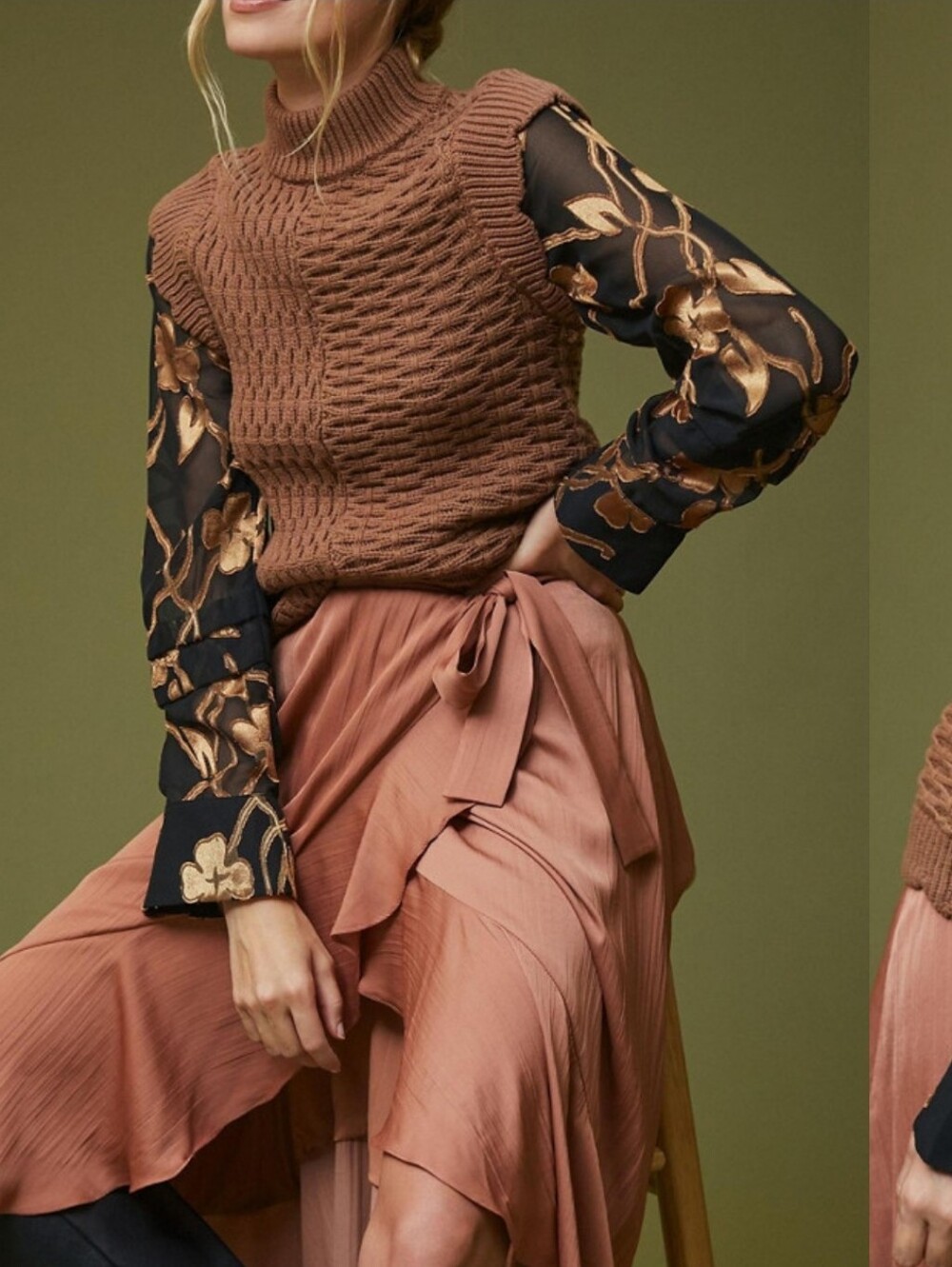 Current Air Floral Contrast Turtleneck Top Sz S Brown
